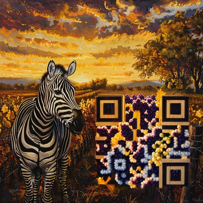 Zebra Vineyard Sunset Oil Painting QR Code Art