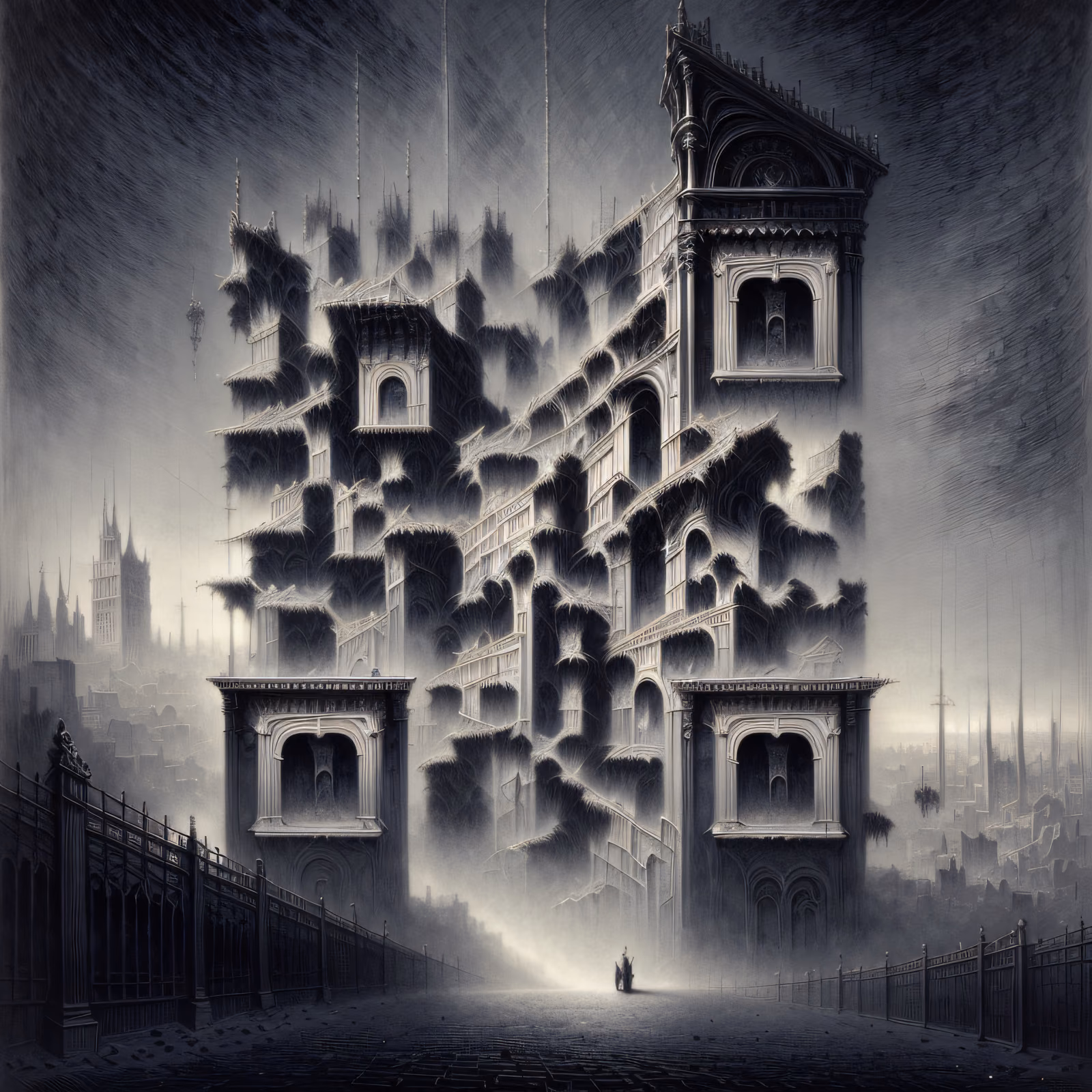 Foggy Gothic Tower Ink Drawing QR Code Art — image 1