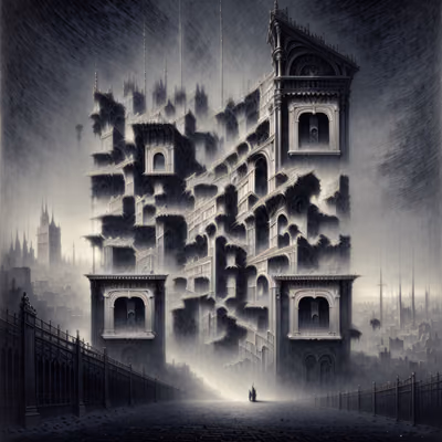 Foggy Gothic Tower Ink Drawing QR Code Art — image 1