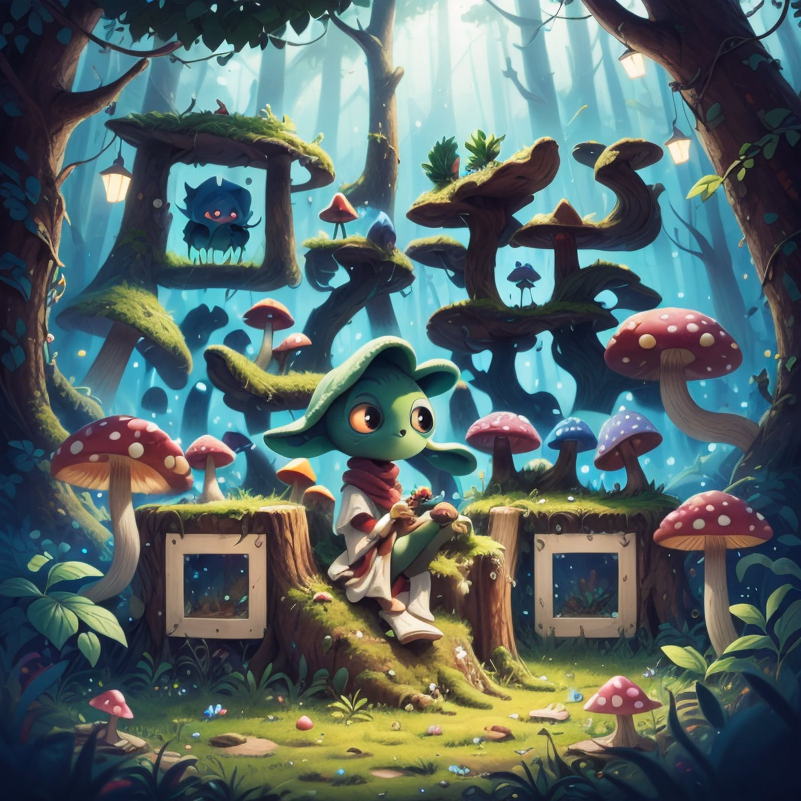 Cute Alien in Mushroom Forest QR Code for Posters — image 1
