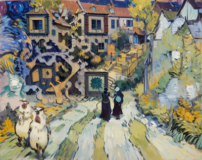 Village Lane Expressionist Oil Painting QR Code Art — image 1