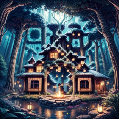 Lantern Lit Forest Treehouse Fantasy QR Code for Posters