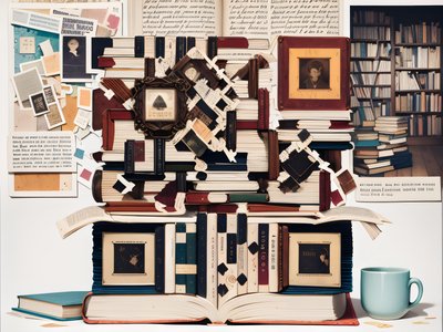 Стопка книг в бумажном коллаже: QR-код для обложек