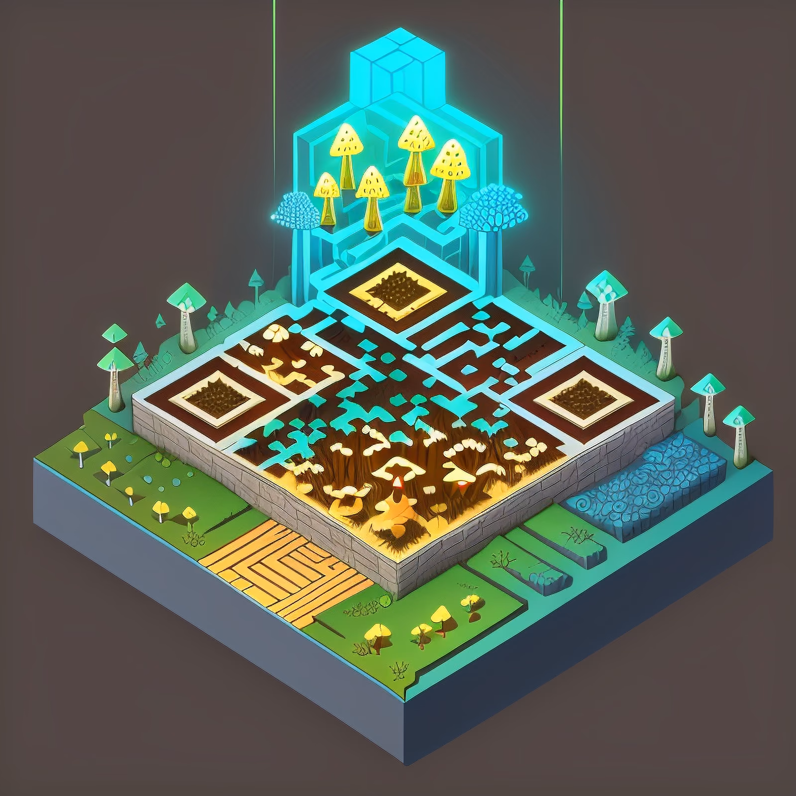Изометрический лес со светящимися грибами: QR-код для постеров — изображение 1
