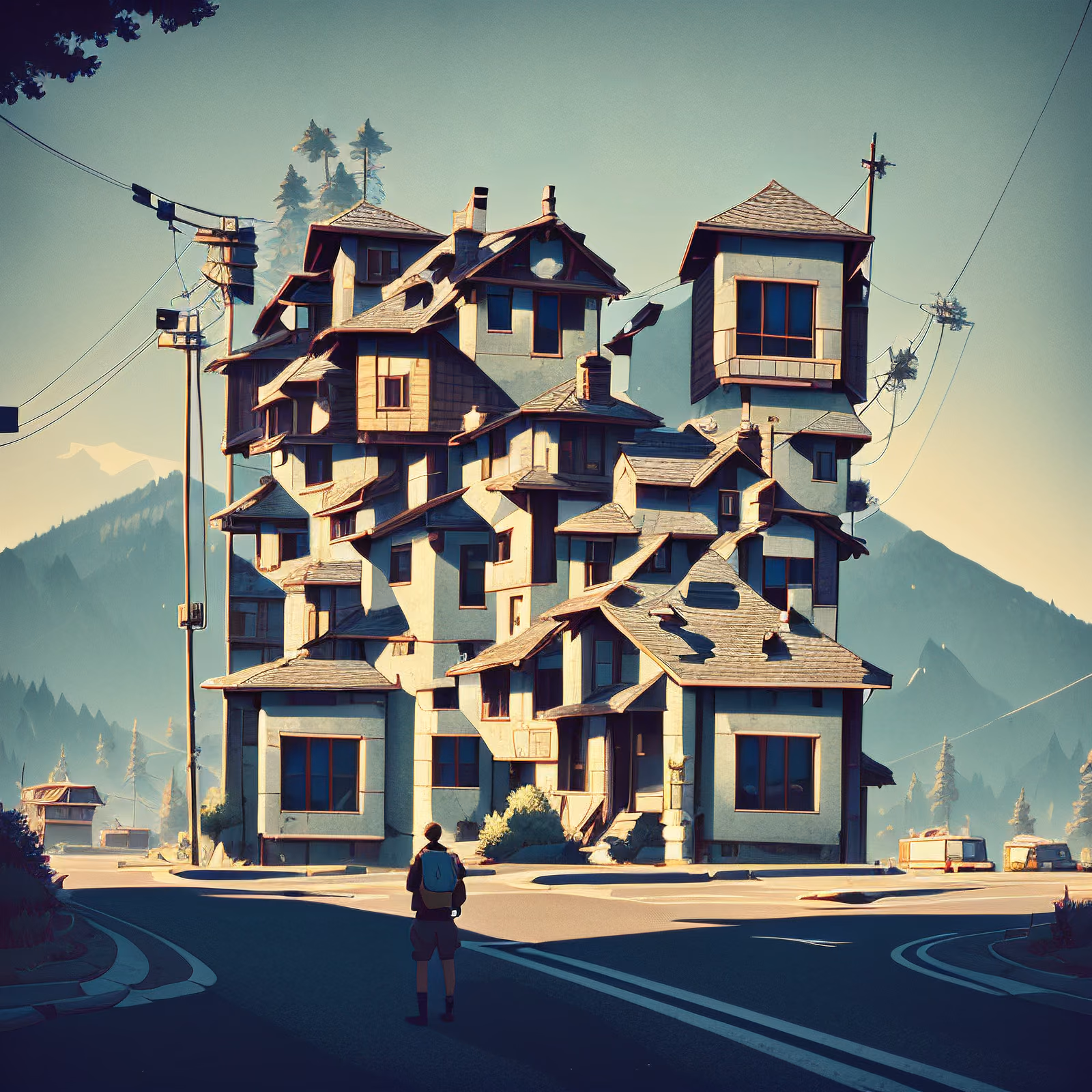Stacked Houses Mountain Road Illustration QR Code Art — image 1