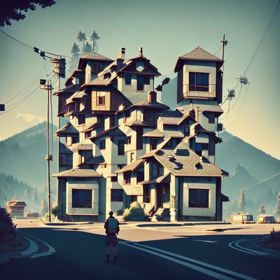 Stacked Houses Mountain Road Illustration QR Code Art