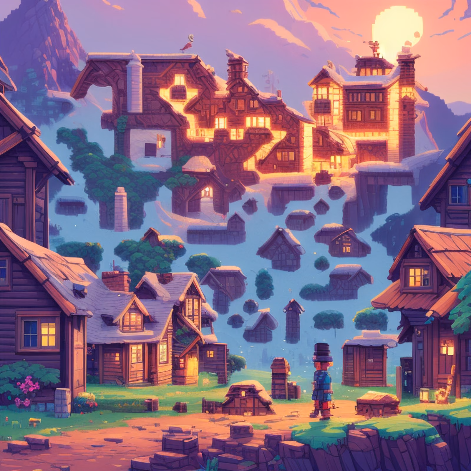 Pixel Art Mountain Village QR Code Art — image 1