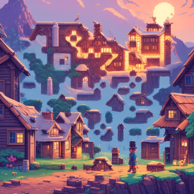 Pixel Art Mountain Village QR Code Art — image 1
