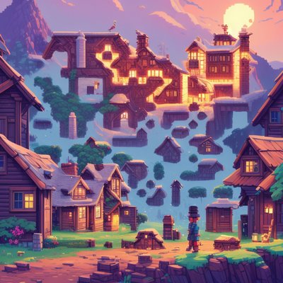 Pixel Art Mountain Village QR Code Art