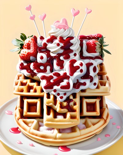 Strawberry Heart Waffle Cartoon QR Code for Restaurant Menus