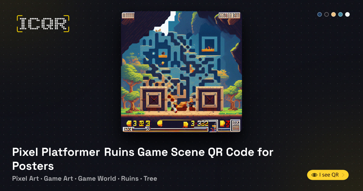 Pixel Platformer Ruins Game Scene QR Code for Posters • ICQR