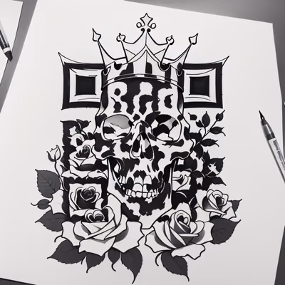 Crowned Skull and Roses Tattoo QR Code for Apparel — image 1