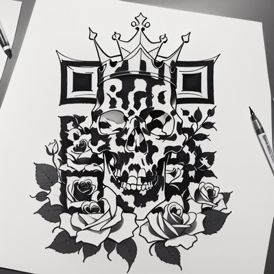 Crowned Skull and Roses Tattoo QR Code for Apparel