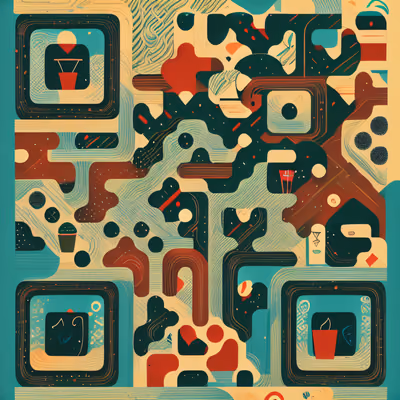 Abstract Teal and Rust Shapes QR Code for Posters — image 1