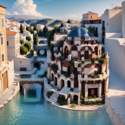 Greek Waterfront City Digital Painting QR Code for Posters — image 1