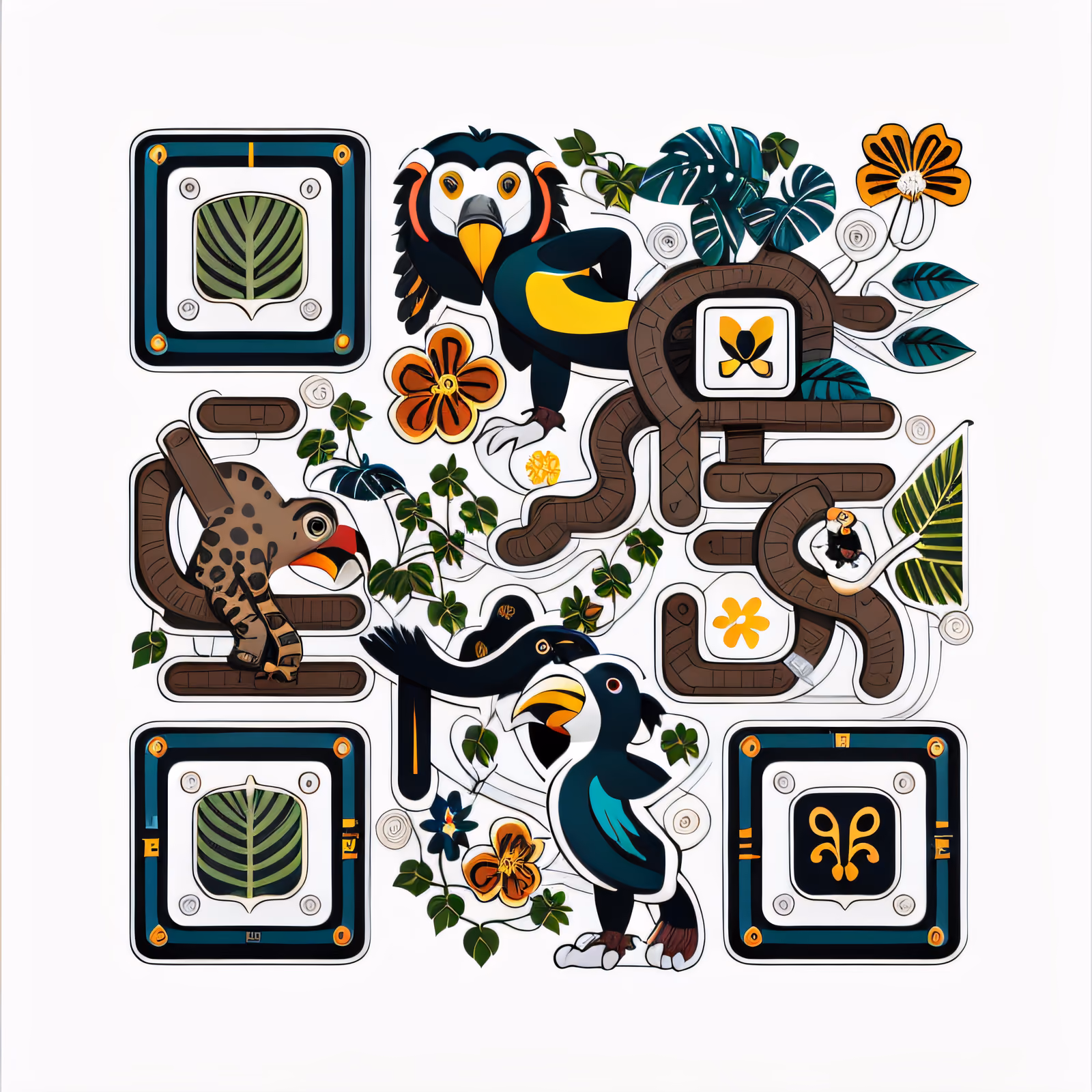 Jungle Toucans and Jaguar Vector QR Code for Stickers — image 1