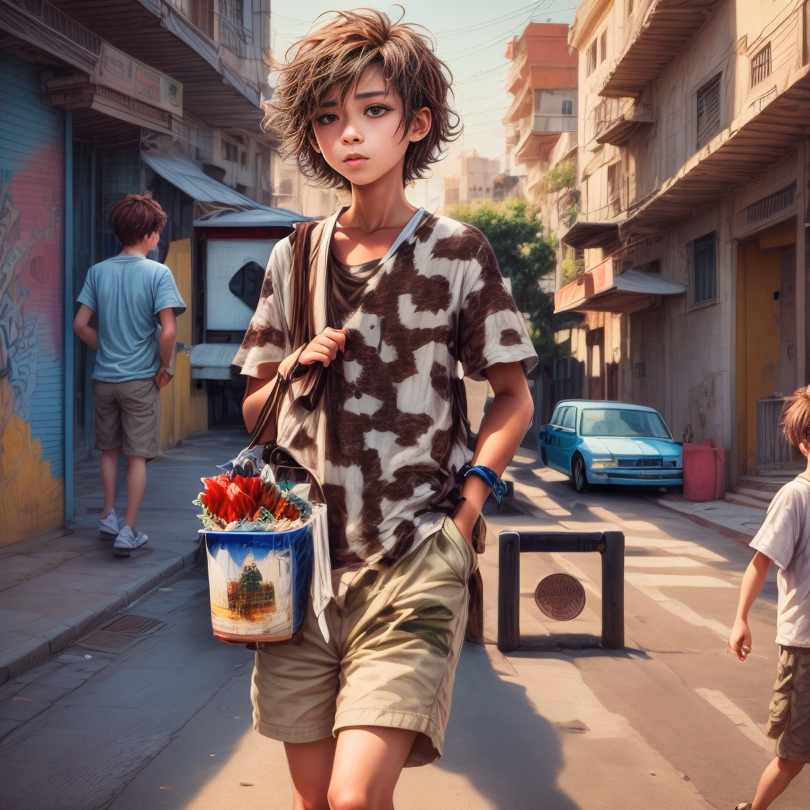 Boy on City Street Painting QR Code for Posters — image 1