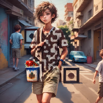 Boy on City Street Painting QR Code for Posters — image 1