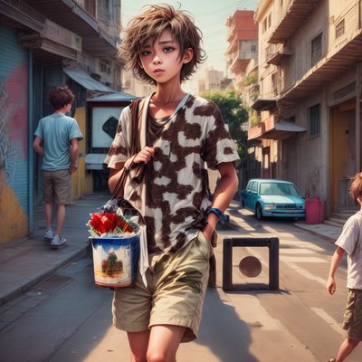 Boy on City Street Painting QR Code for Posters