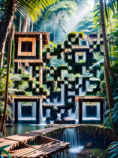 Rainforest Treehouse Waterfalls Photoreal QR Code Art — image 1