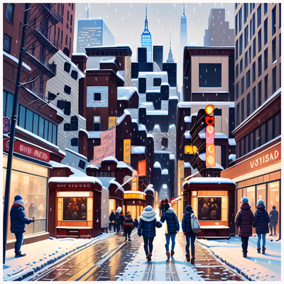 Snowy New York Street Painting QR Code for Posters — image 1