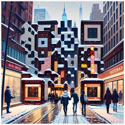Snowy New York Street Painting QR Code for Posters