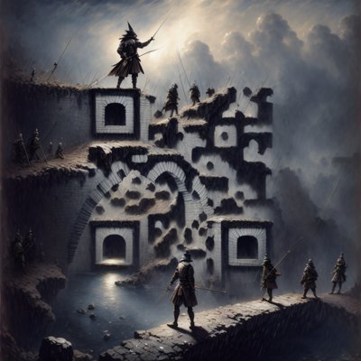 Штормовая крепость и воины: QR-код в стиле масляной живописи