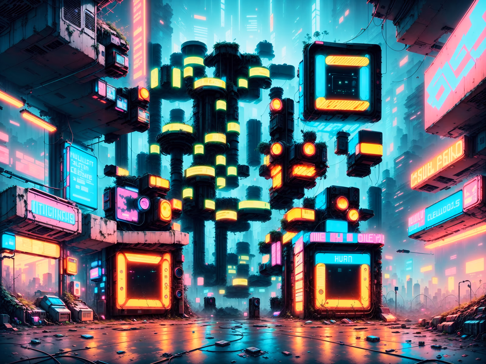 Overgrown Neon Cyberpunk City QR Code Poster — image 1