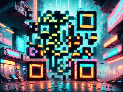 Заросший неоновый киберпанк-город: постер с QR-кодом