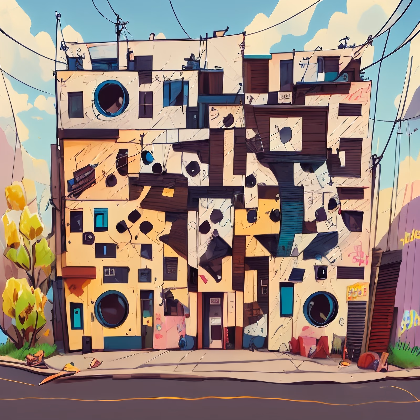 Patchwork Apartment Building Comic Style QR Code for Posters — image 1