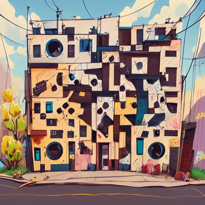 Patchwork Apartment Building Comic Style QR Code for Posters — image 1