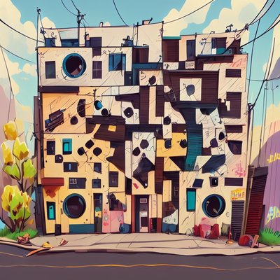 Patchwork Apartment Building Comic Style QR Code for Posters
