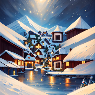 雪中圣诞村数字绘画二维码设计，适用于贺卡 — 图片 1