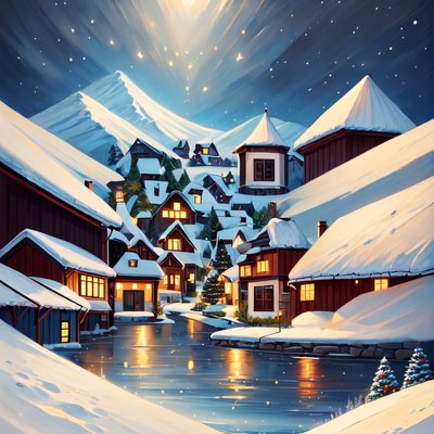 雪中圣诞村数字绘画二维码设计，适用于贺卡