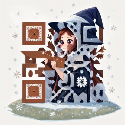可爱冬季女巫卡通二维码设计，适用于贺卡