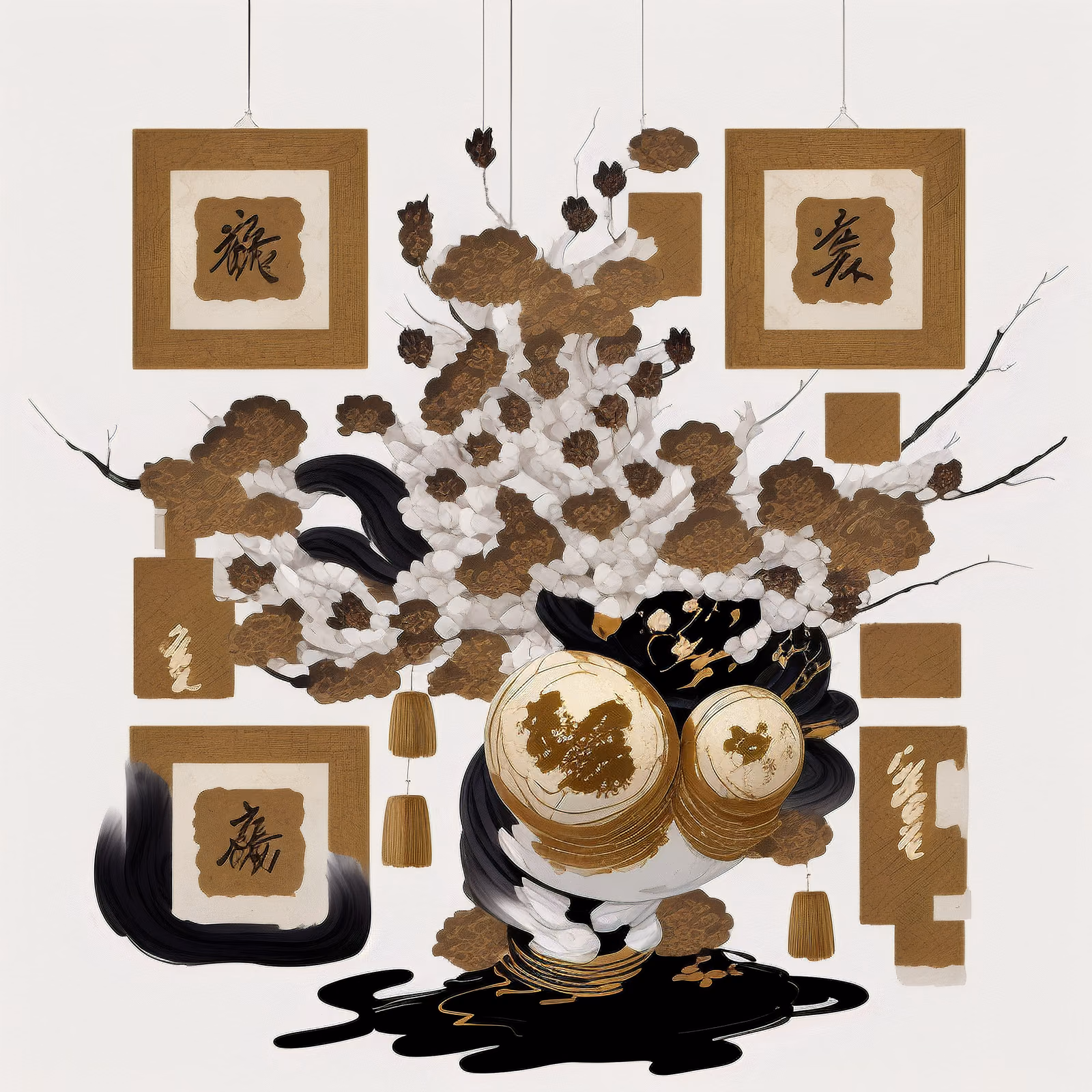 Ваза с цветущей веткой и каллиграфией тушью: QR-код — изображение 1