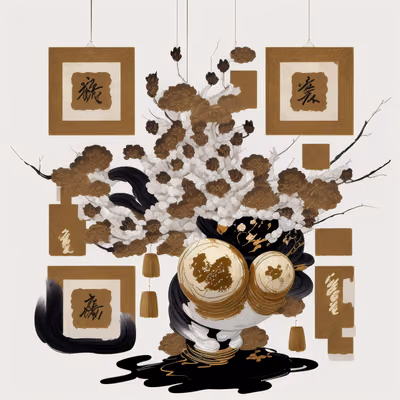 Ваза с цветущей веткой и каллиграфией тушью: QR-код — изображение 1