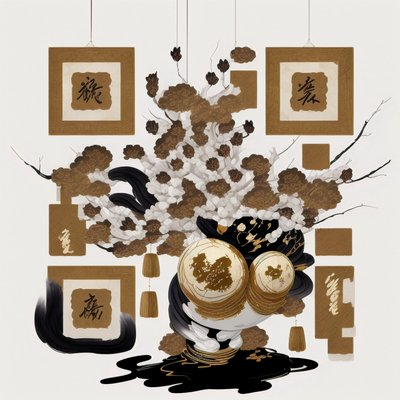 Ink Calligraphy Blossom Vase QR Code Art