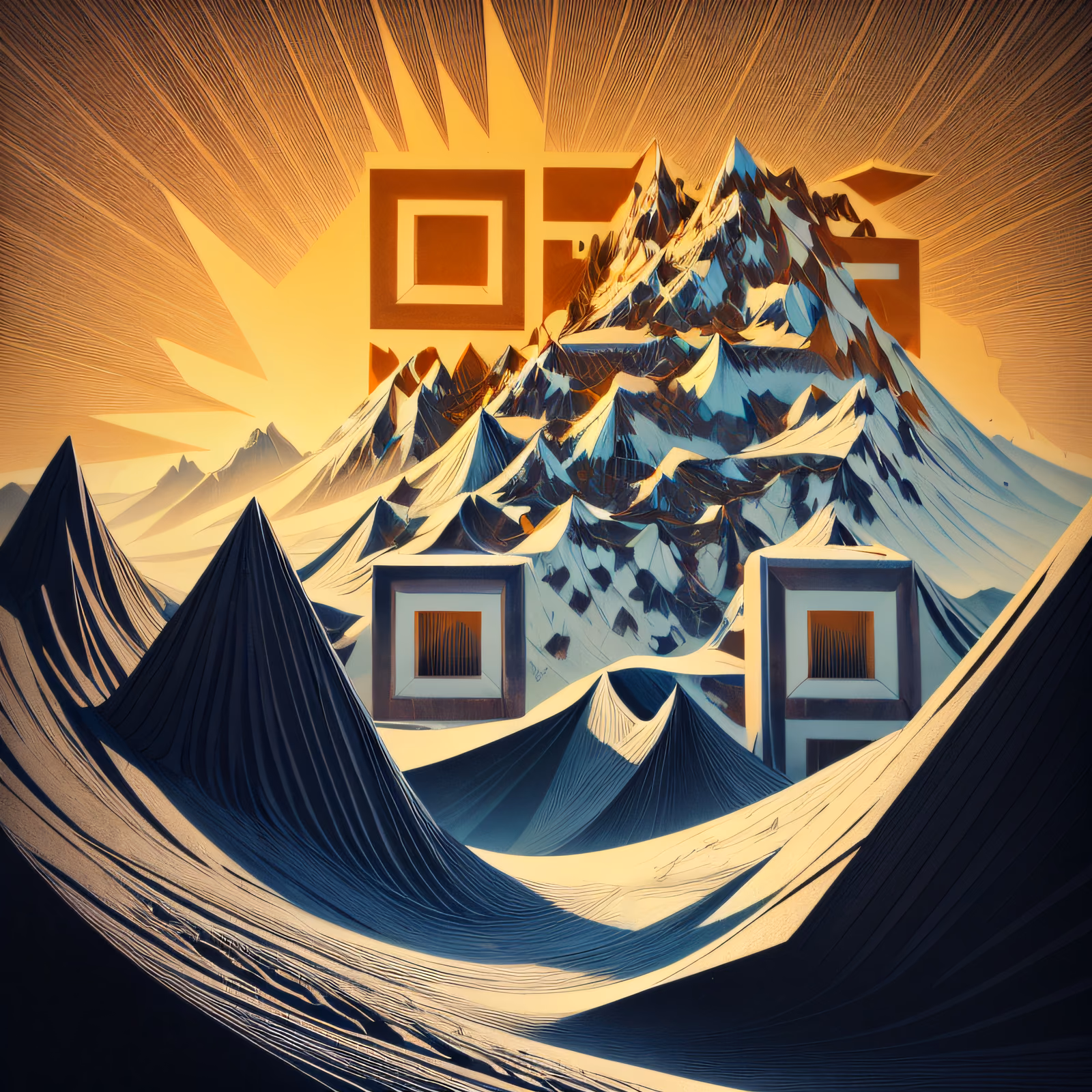 Snowy Mountain Peaks Lithograph QR Code Art — image 1