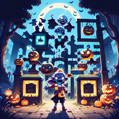 Ребёнок-зомби на Хэллоуин: QR-код в стиле игровой графики для постеров — изображение 1