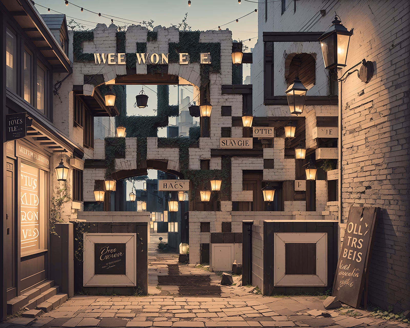 Lantern Lit Alley Retro Illustration QR Code Art — image 1