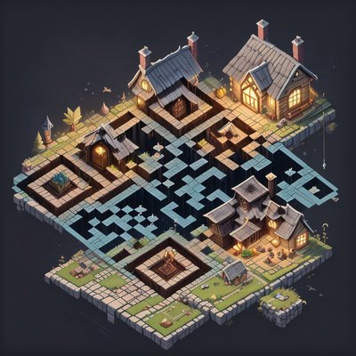 Isometric Witch Cottage Village Fantasy QR Code for Posters