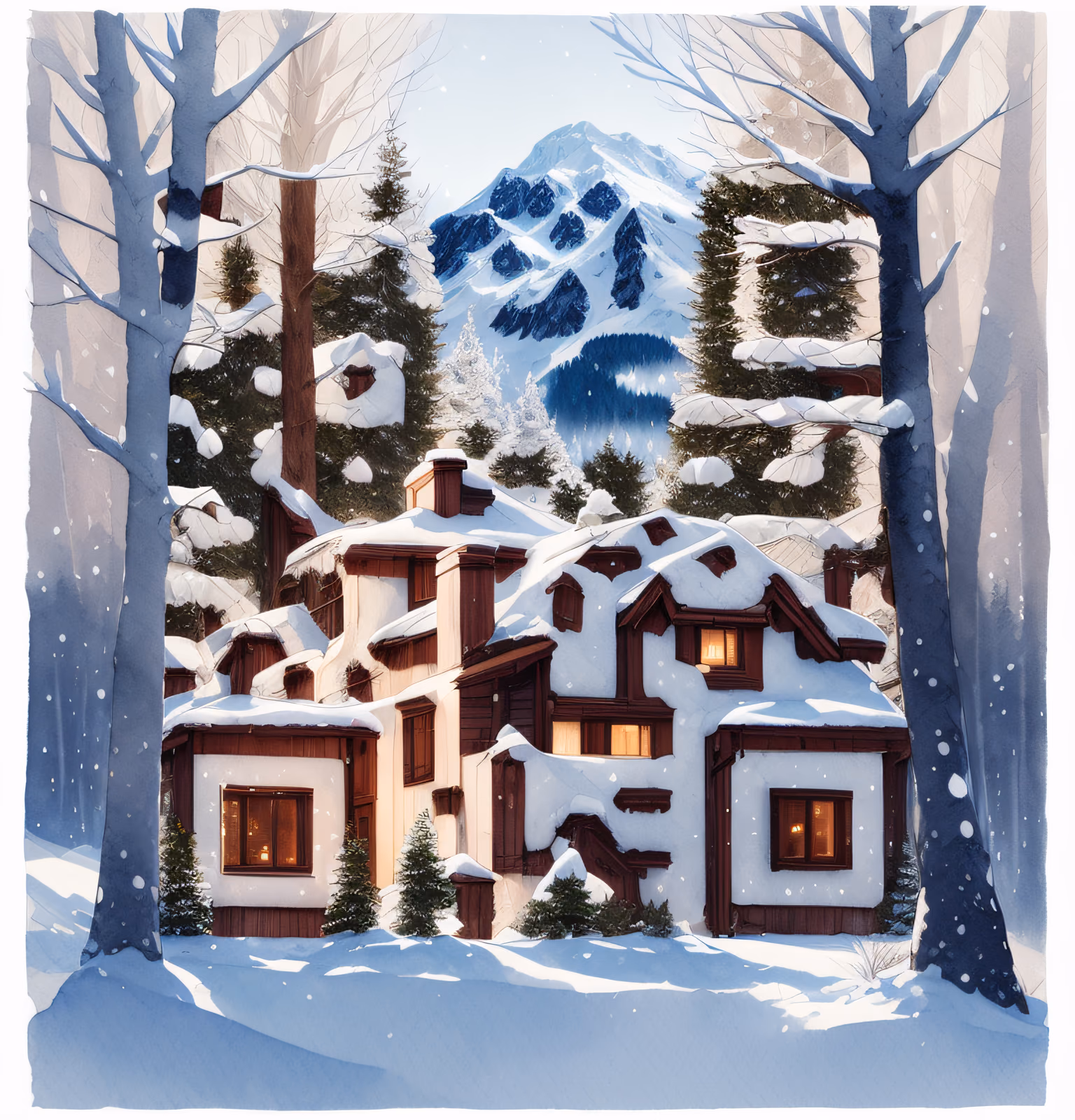 Заснеженный горный домик в акварели: QR-код для открыток — изображение 1