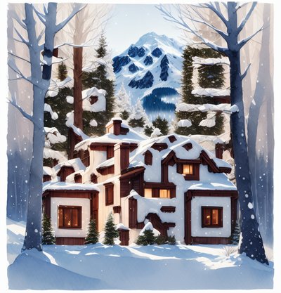 Заснеженный горный домик в акварели: QR-код для открыток