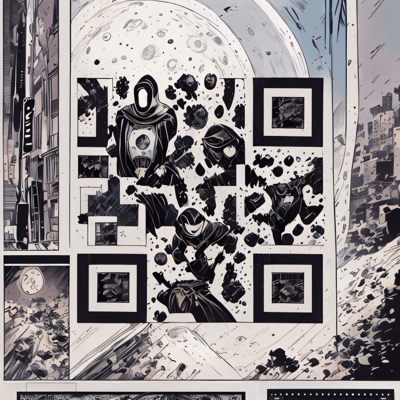 Фигуры в капюшонах, страница комикса: QR-код для обложек книг — изображение 1