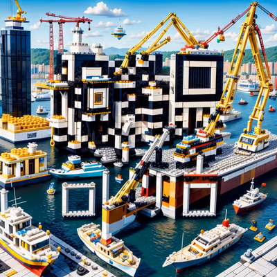 Brick Built Harbor Cranes Boats QR Code for Packaging — image 1