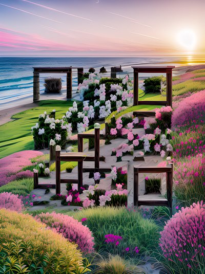 Розовый цветочный сад у моря на закате: QR-код