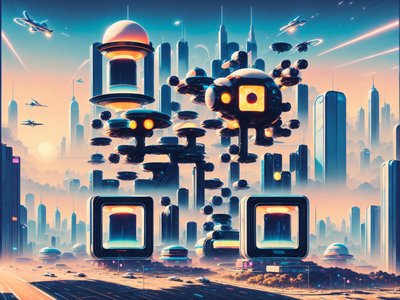 QR-код: ретрофутуристический городской пейзаж на закате для постеров