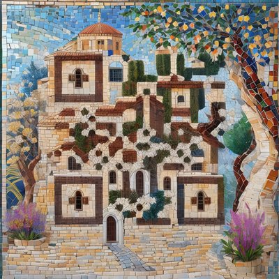 Mediterranean House Mosaic Tree QR Code Art