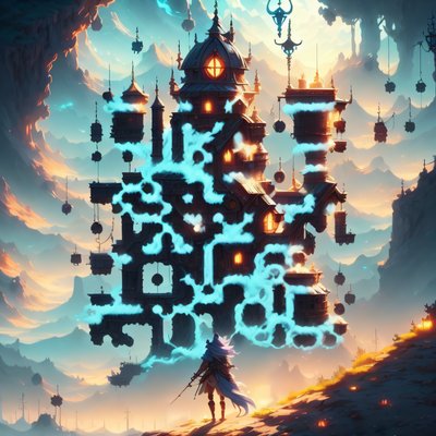 Floating Fantasy Fortress Digital Painting QR Code for Posters